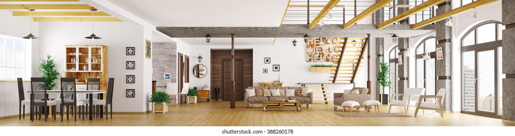 Modern loft apartment interior, living room, hall, dining room,staircase, panorama 3d render