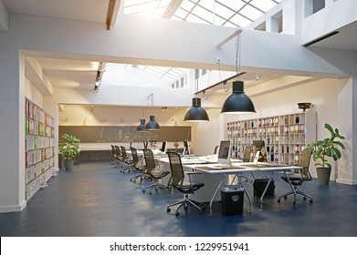 Modern Loft Area Office Interior. 3d Rendering Design Concept