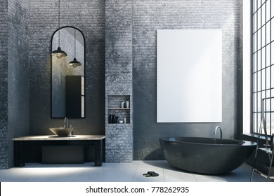 Modern Loft Bathroom Interior With Appliances, City View And Empty Billboard On Concrete Wall. Mock Up, 3D Rendering 