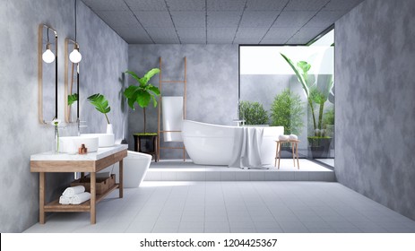 Modern Loft Bathroom interior design,white bathtub on concrete room,3d render