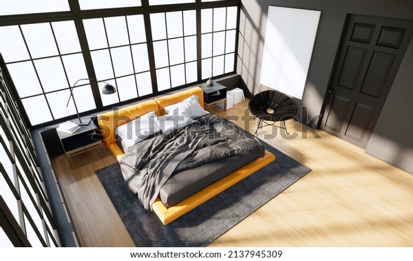 Modern loft bedroom interior design and decoration\
with yellow bed grey blanket white pillow grey carpet. 3d rendering\
bedroom interior top\
view.