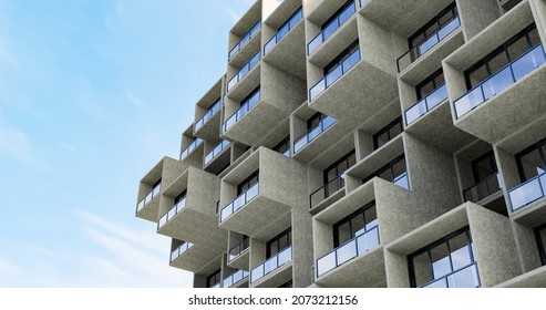 Modern Loft Building Facade Architectural Desing Show Bay Windows And Balcony For Background Or Design Idea, 3d Rendering Exterior Apartment.