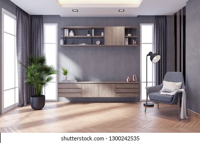 Modern loft and dark livingroom interior design ,TV cabinet and gray chair with wood flooring and concrete wall,3d rendering