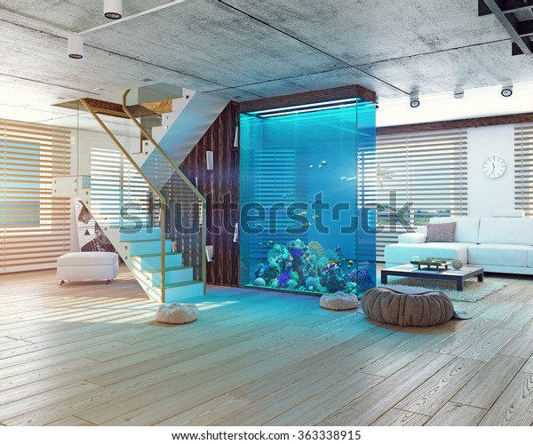 Modern Loft Interior Aquarium 3d Concept Stock Illustration