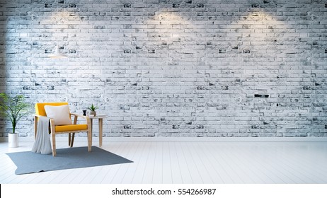 Modern Loft Interior  ,living Room,  White Wood Flooring, Yellow Armchair With Table And White Lamp On Bright Gray Bricks Wall  Background , 3d Render 