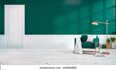 Modern loft  interior of living room with green  armchairs on white flooring and dark green wall .empty room ,3d rendering