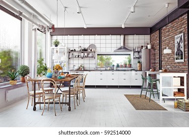 Modern Loft Kitchen Interior. 3d Rendering Concept