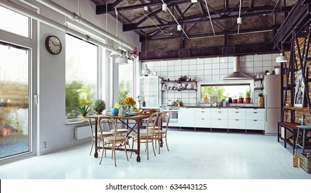 Modern Loft Kitchen Interior. 3d Rendering Concept