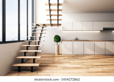 Modern Loft Kitchen Interior With Furniture, Stairs, City View And Sunlight. 3D Rendering 