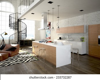 Modern Loft With A Kitchen And Living Room. 3d Rendering