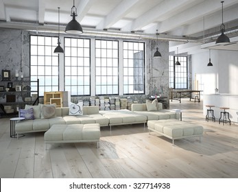 Modern loft with a kitchen and living room. 3d rendering