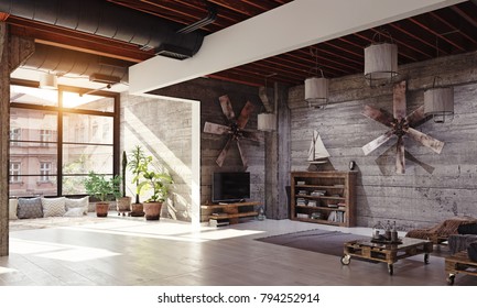 Modern Loft Living Room Interior. 3D Rendering Concept