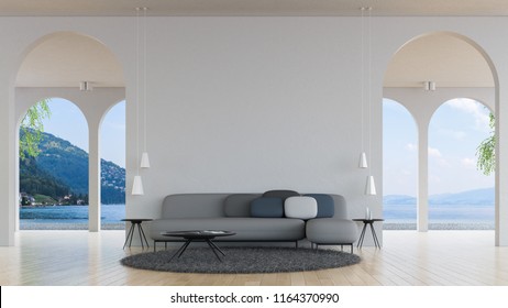 Modern Loft Living Room Sea View 3d Rendering