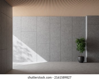 Modern Loft Style Empty Room With Slatted Ceiling 3d Render,there Are Random Pattern Groove Concrete Wall Sunlight Into The Room