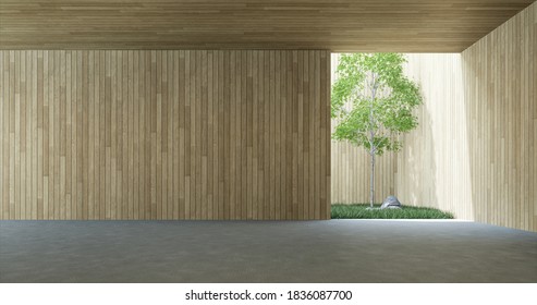 Modern Loft Style Indoor Area With Plank Wall 3d Render, There Are Concrete Floor Behind The Wooden Wall Is A Tropical Garden Courtyard.