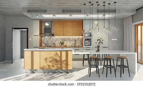 Modern Loft Style  Kitchen Interior. 3d Rendering Design Concept