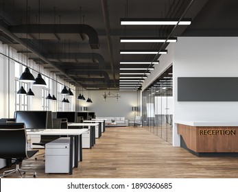 Modern Loft Style Office Interior 3d Render.There Are White And Gray Wall,old Wood Floor,black Ceiling With Building System Pipe.