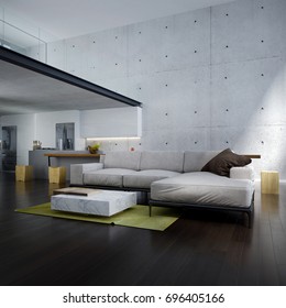 The Modern Lounge And Double Space Living Room Interior Design And Concrete Wall Background  / 3D Rendering Interior Design New Scene