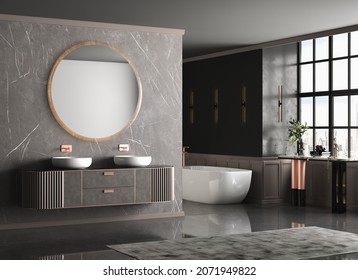 Modern  luxury  bathroom, dark marble background walls, bathtub, indoor plants side view. Mock up. 3d rendering