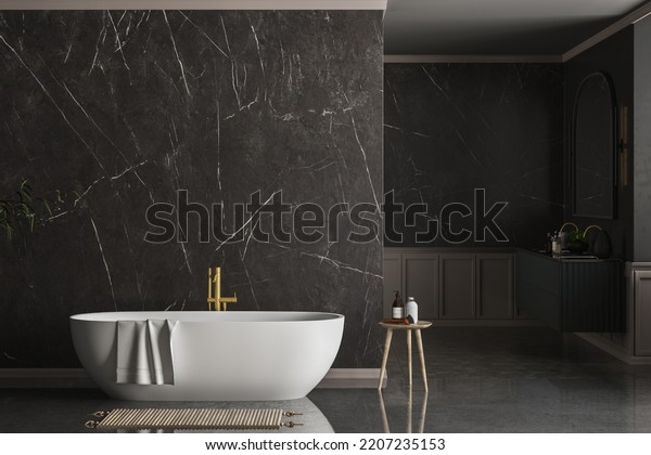 Modern luxury bathroom, dark\
marble background walls, white bathtub, double sink, marble\
countertop, mirror, indoor plants side view. Mock up. 3d\
rendering\
