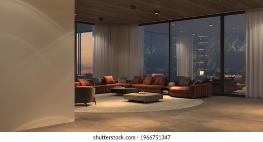 Modern Luxury Beautiful Interior With Panoramic Windows And Nature View, Stone Floor, White Wall And Wooden Ceiling. Minimal Design Dining And Living Room With Night Lighting. 3d Render Illustration.