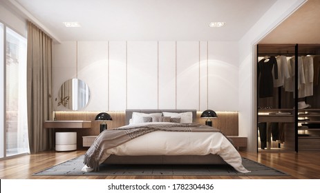 Modern Luxury Beautiful Mock Up Scene Of Bedroom And Walk In Closet Area Interior Design And Pattern Wall Background/3D Rendering