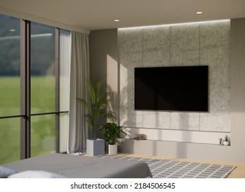 Modern Luxury Bedroom Interior Design With Comfy Bed, Indoor Plants, Large Window Glass, And TV Black Screen Mockup On Marble Stone Wall. 3d Rendering, 3d Illustration