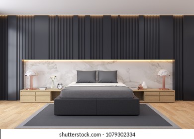 Modern Luxury  Black Bedroom Interior Design,black King-size Bed With Wood Bedside Table On Marble With Strip Wall And Parquet Floor, 3d Render