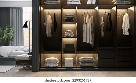 Madera marrón de lujo moderna, de lujo y construida, vestidor en armario sobre el suelo de moqueta en el dormitorio, estante, cajón, luz oculta con ropa organizada, caja de almacenamiento para el diseño interior, fondo de moda 3D
