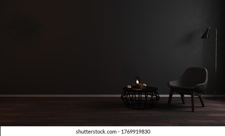 Modern Luxury Dark Living Room Interior Background With Grey Armchair In Night Light, Dark Room Interior Mock Up, Black Empty Wall Mockup, Vintage Living Room Mockup, 3d Rendering