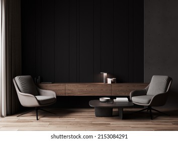 Modern Luxury Dark Living Room Interior Background With Grey Armchair And Wooden Chest Drawer, Dark Room Interior Mock Up, Black Empty Wall Mockup, Vintage Living Room Mockup, 3d Rendering