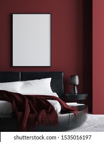 Modern luxury dark red bedroom interior, poster, wall mock up, 3d render