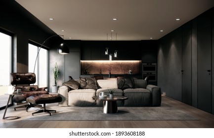 Modern and luxury dark tone living and dining room apartment mock up with gray fabric sofa, brown leather armchair and footrest chair, dining table and chairs and kitchen pantry, 3d rendering.