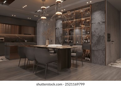 Modern Luxury Dining Room with Marble Accents and Glass Wine Display - Powered by Shutterstock