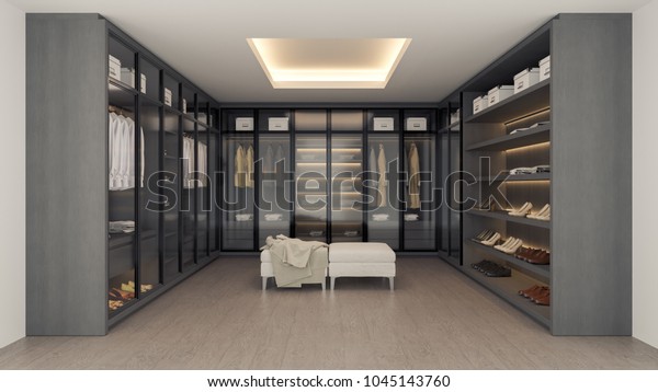 Modern luxury dressing\
room,walk - in closet interior, gray and black wardrobe design ,3d\
rendering