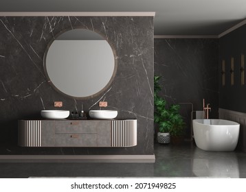 Modern  luxury empty bathroom, dark marble background walls, bathtub, indoor plants front view. Mock up. 3d rendering