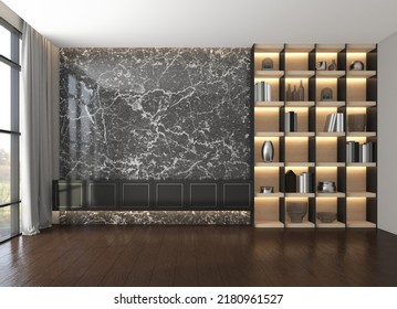 Modern Luxury Empty Room With Tv Cabinet And Bookshelf, Black Marble Wall And Wood Floor. 3d Rendering