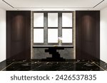 Modern luxury  foyer with frame mock up on the wall. Design 3d rendering of white and brown woods. Design print for illustration, presentation, mockup, interior, display, background. Set 16