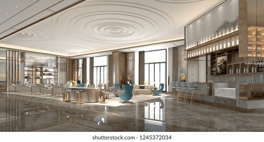 Modern Luxury Hotel Lobby. 3d Rendering.