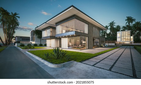 Modern Luxury House At Dusk. Private House Exterior At Sunset. 3d Illustration