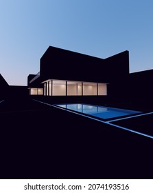 Modern Luxury House Minimalist Mansion Black Villa Large Architecture Home Exterior Building With Blue Sky And Black Stone Slab Garden With Pool 3d Illustration Render