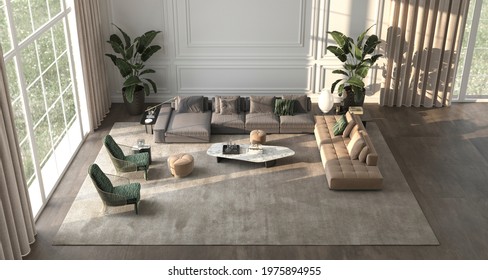 Modern Luxury Interior Background With Panoramic Windows And Nature Landscape View, Plants, White Classic Wall Mock Up. Beige Design Living Room With Large Windows Top View. 3d Rendering Illustration.