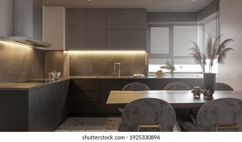 Modern And Luxury Kitchen White And Black With Wood Table, Chairs And Interior Design Details. Render 3D.