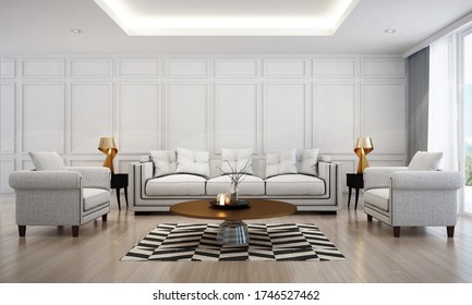 Modern Luxury Living Room And Dining Room Space Interior Design And White Wall Pattern/ 3D Rendering Scene