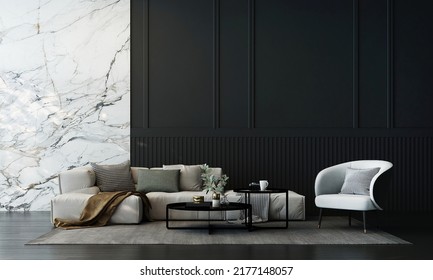 Modern Luxury Living Room And Marble And Black Pattern Wall Texture Background Interior Design. 3d Rendering