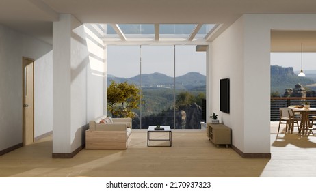 Modern Luxury Spacious Penthouse Living Room Interior Design With Comfortable Sofa, Coffee Table, TV Cabinet, TV On The Wall And Large Glass Window With Mountain View. 3d Rendering, 3d Illustration