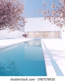 Modern Luxury Summer Home Minimalist Mansion Villa Large Exterior With Cherry Blossom Tree And White Stone Slab Garden And Long Narrow Swimming Pool Water Runnel 3d Illustration Render	