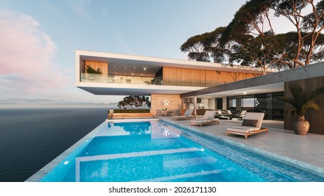 Modern Luxury Villa At Sunset. Private House With Infinity Pool. 3d Illustration