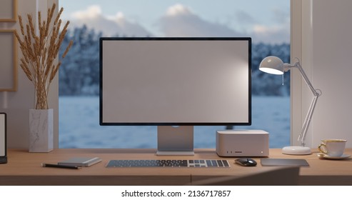 Modern Luxury Workspace With PC Computer White Desktop Screen Mockup, Table Lamp, And Accessories On Wood Table Against Lake View Through The Window. 3d Rendering, 3d Illustration