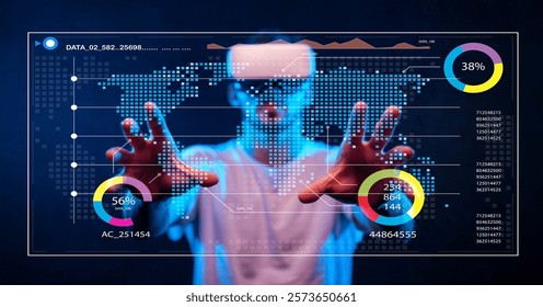 Modern man using virtual reality headset interacts with a digital interface showcasing data trends and graphics, creating an immersive technology experience.